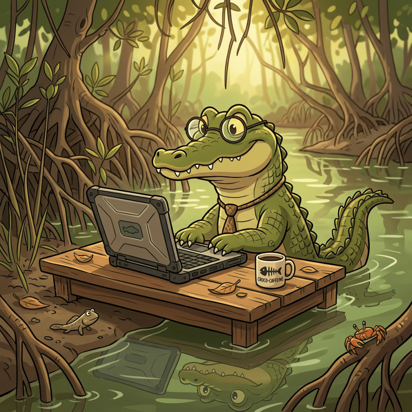 Saltwater crocodile lying in shallow mangrove creek water with greenery around