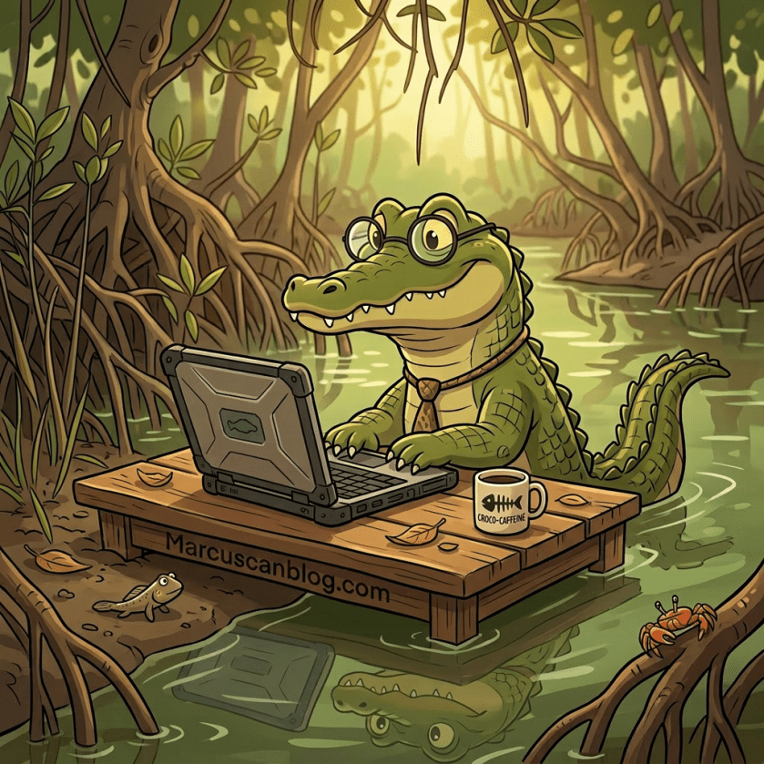 Saltwater crocodile lying in shallow mangrove creek water with greenery around