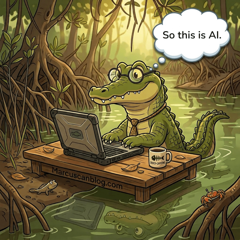 Saltwater crocodile lying in shallow mangrove creek water with greenery around