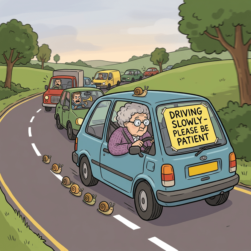 Older woman driving a blue car with a sign 'Driving slowly - please be patient' and snails on the road