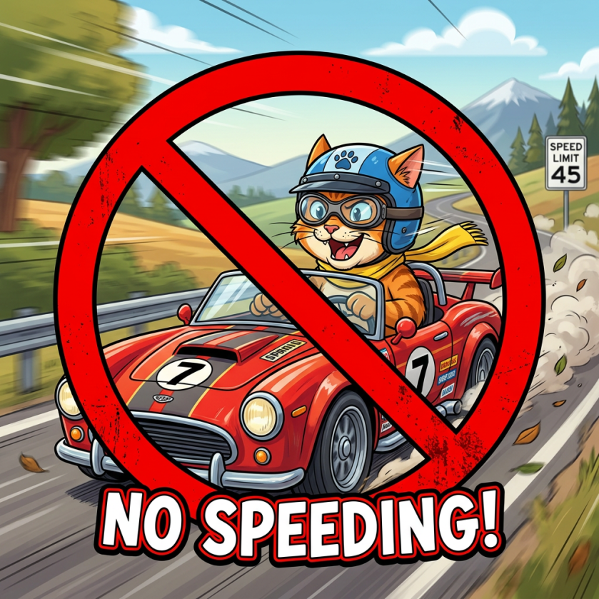 Cartoon cat driving red race car with no speeding symbol
