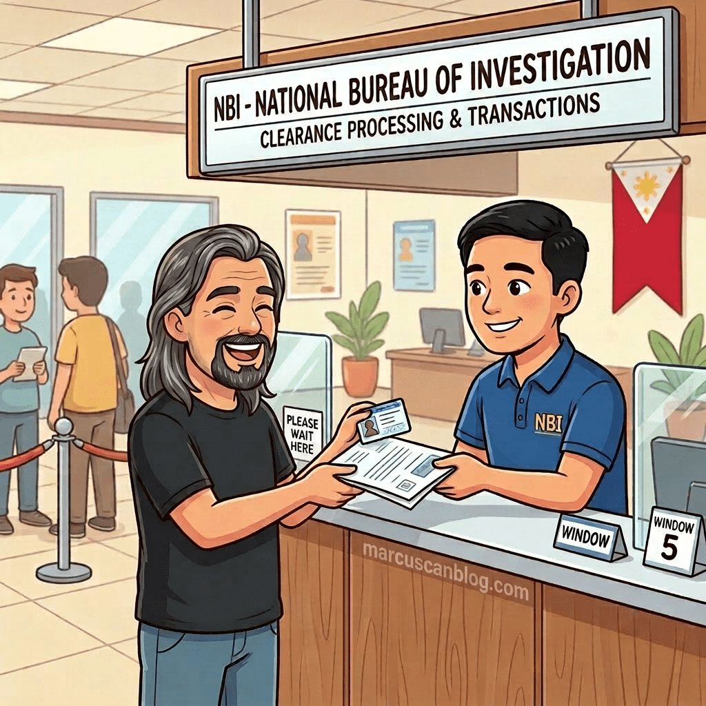 Woman handing ID and documents to NBI officer at clearance processing window